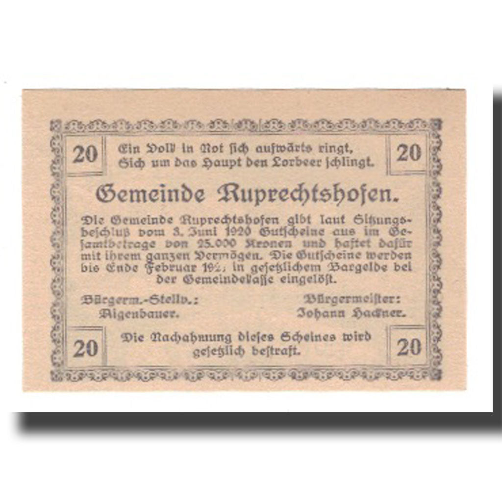 Biljet, Oostenrijk, Ruprechtshofen, 20 Heller, texte 1, 1921, NIEUW, Mehl:FS 855