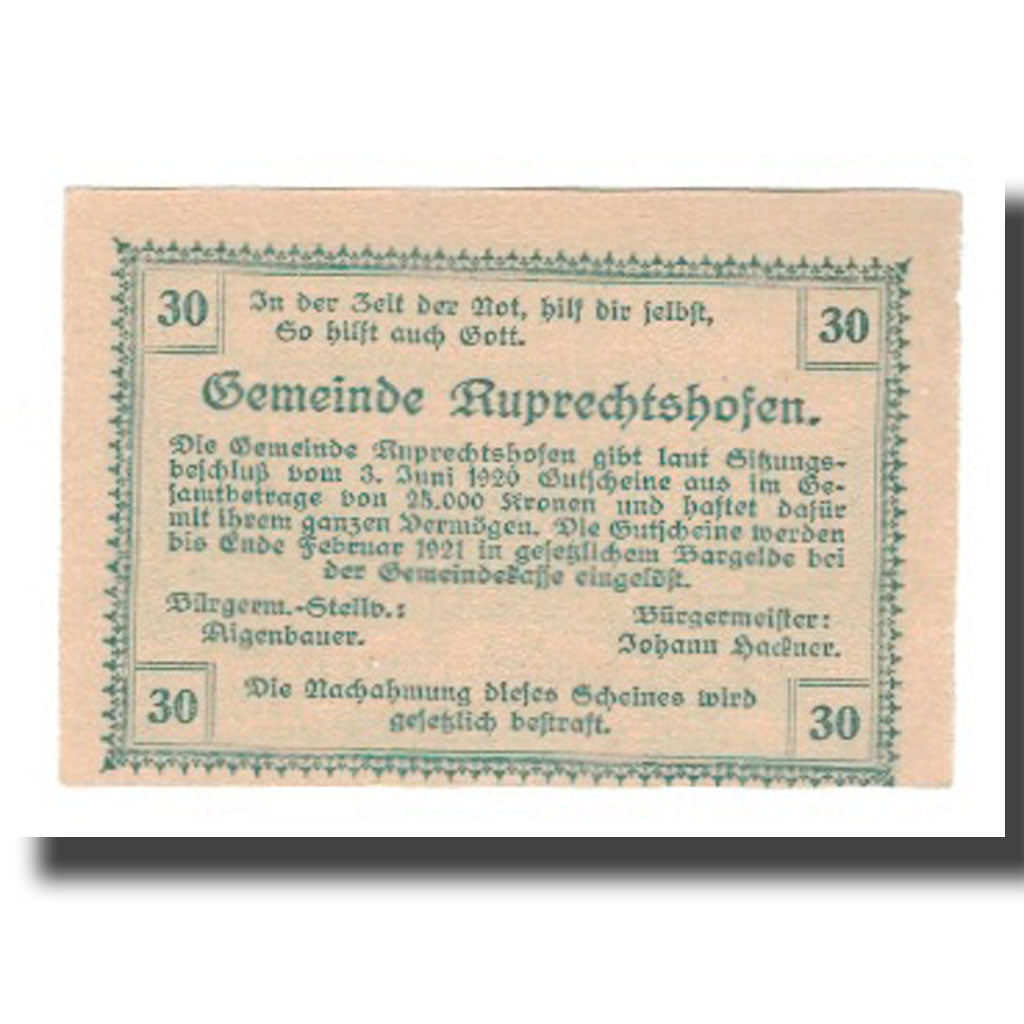 Biljet, Oostenrijk, Ruprechtshofen, 30 Heller, Texte 2, 1921, NIEUW, Mehl:FS 855