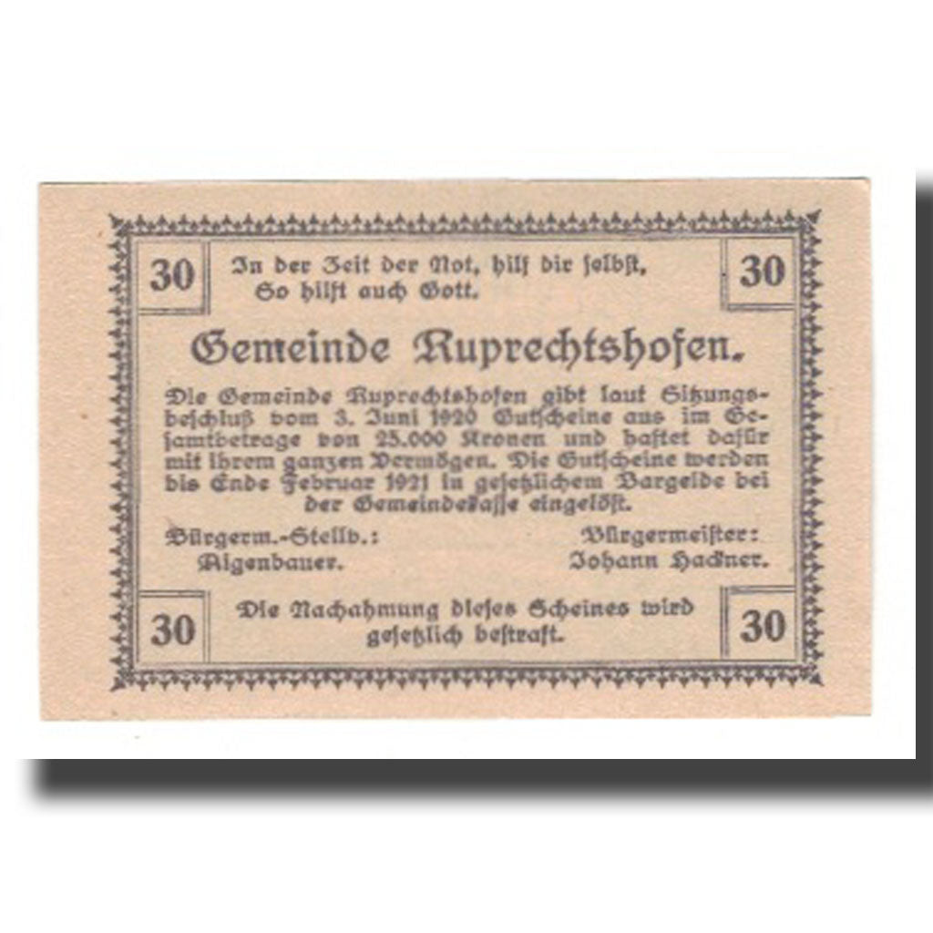 Geldschein, Österreich, Ruprechtshofen, 30 Heller, Texte 3, 1921, UNZ, Mehl:FS