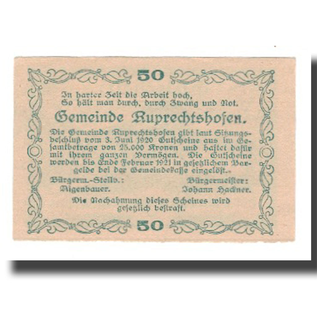 Biljet, Oostenrijk, Ruprechtshofen, 50 Heller, Texte 4, 1921, NIEUW, Mehl:FS 855