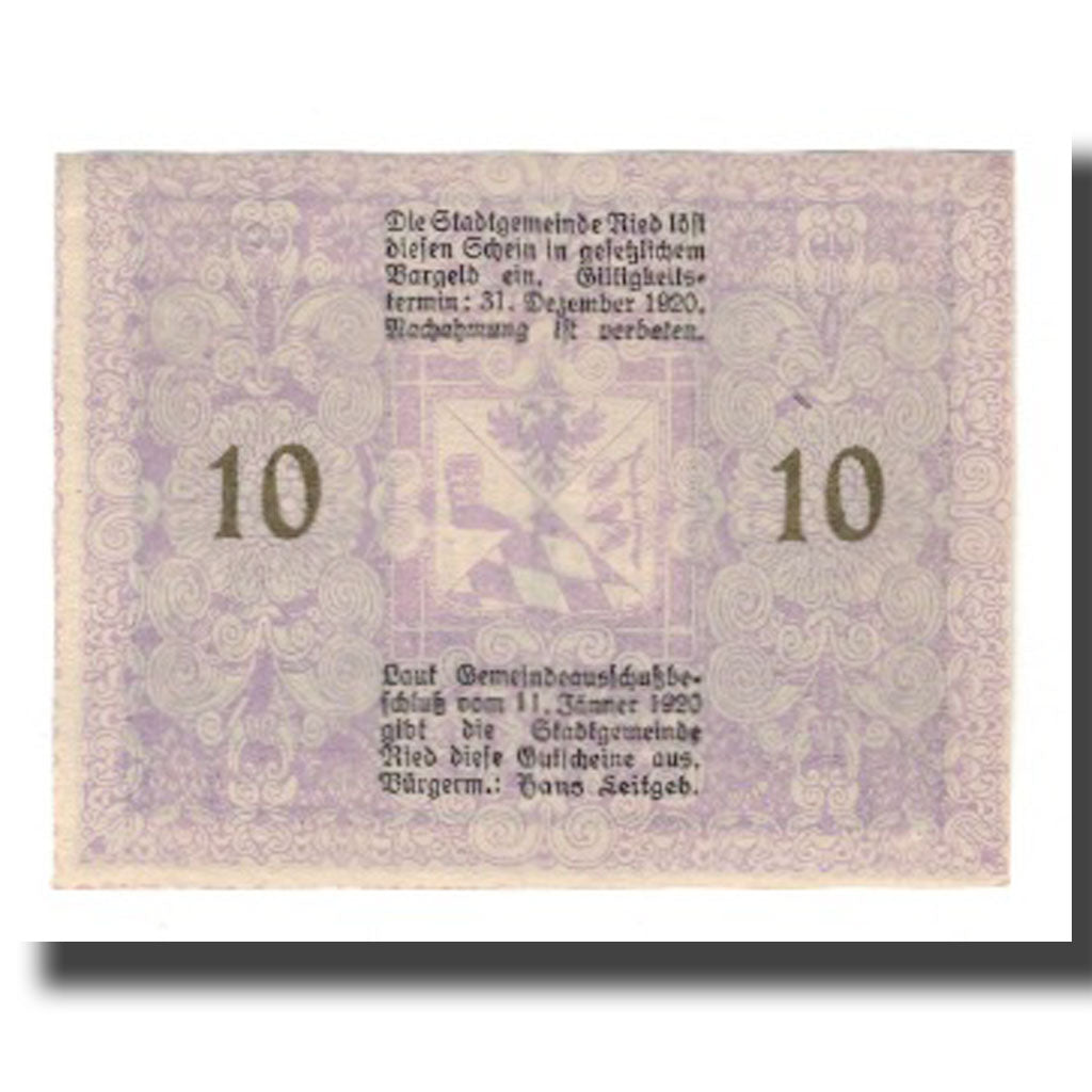 Nota, Áustria, Ried im Innkreis, 10 Heller, Texte, 1920, 1920-12-31