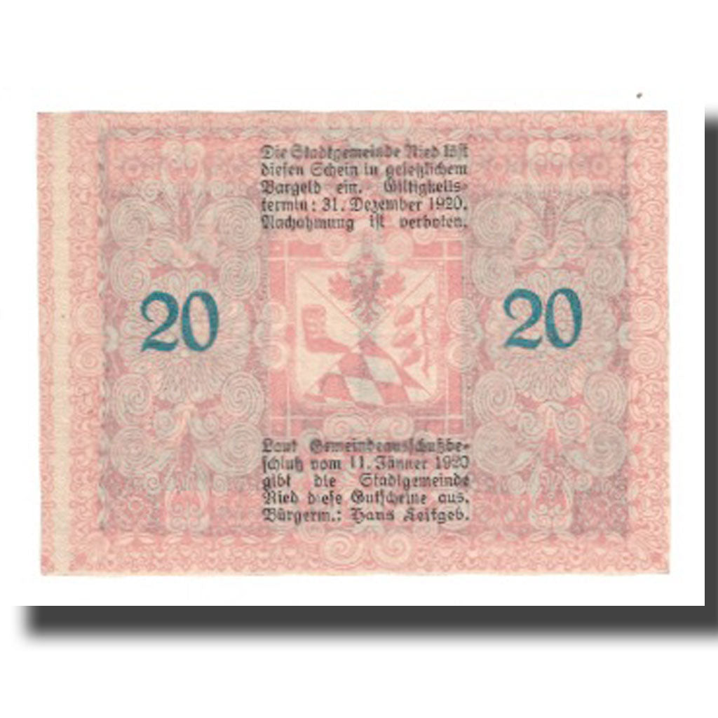 Billete, Austria, Ried im Innkreis, 20 Heller, texte 1, 1920, 1920-12-31, UNC