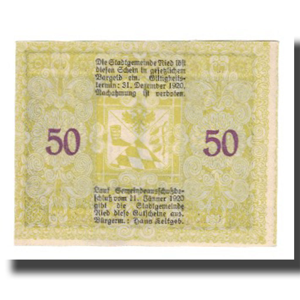 Nota, Áustria, Ried im Innkreis, 50 Heller, Texte 2, 1920, 1920-12-31