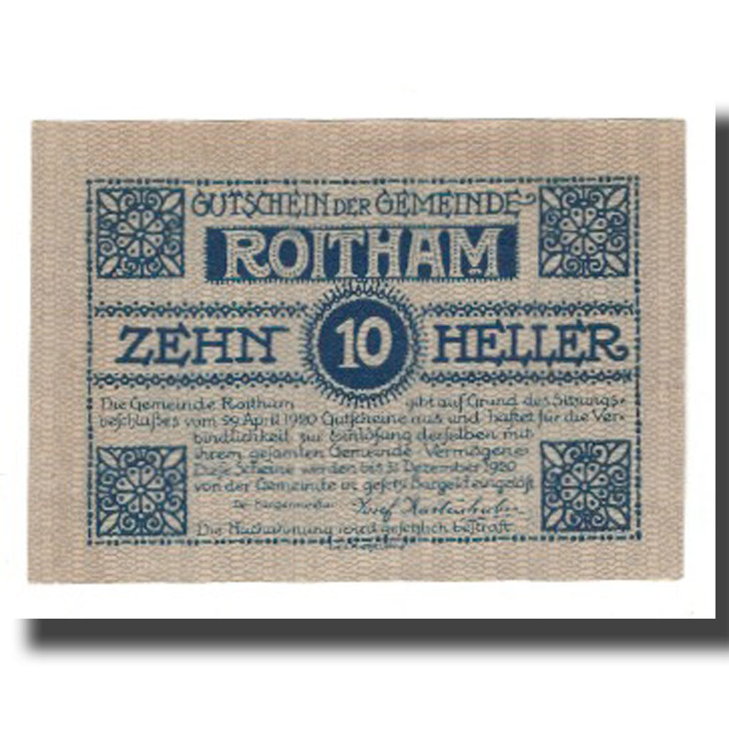 Billete, Austria, Roitham O.Ö. Gemeinde, 10 Heller, paysage, 1920, 1920-12-31