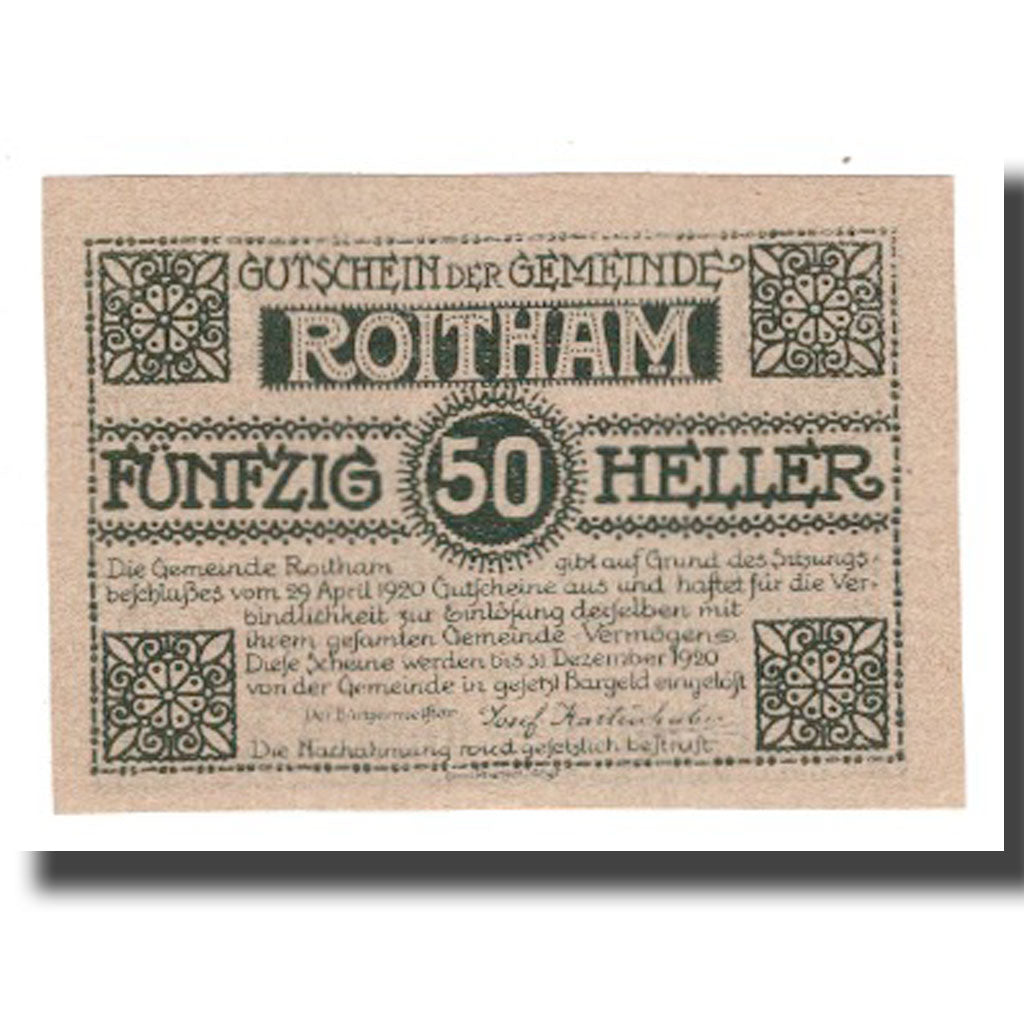 Geldschein, Österreich, Roitham O.Ö. Gemeinde, 50 Heller, paysage 1, 1920
