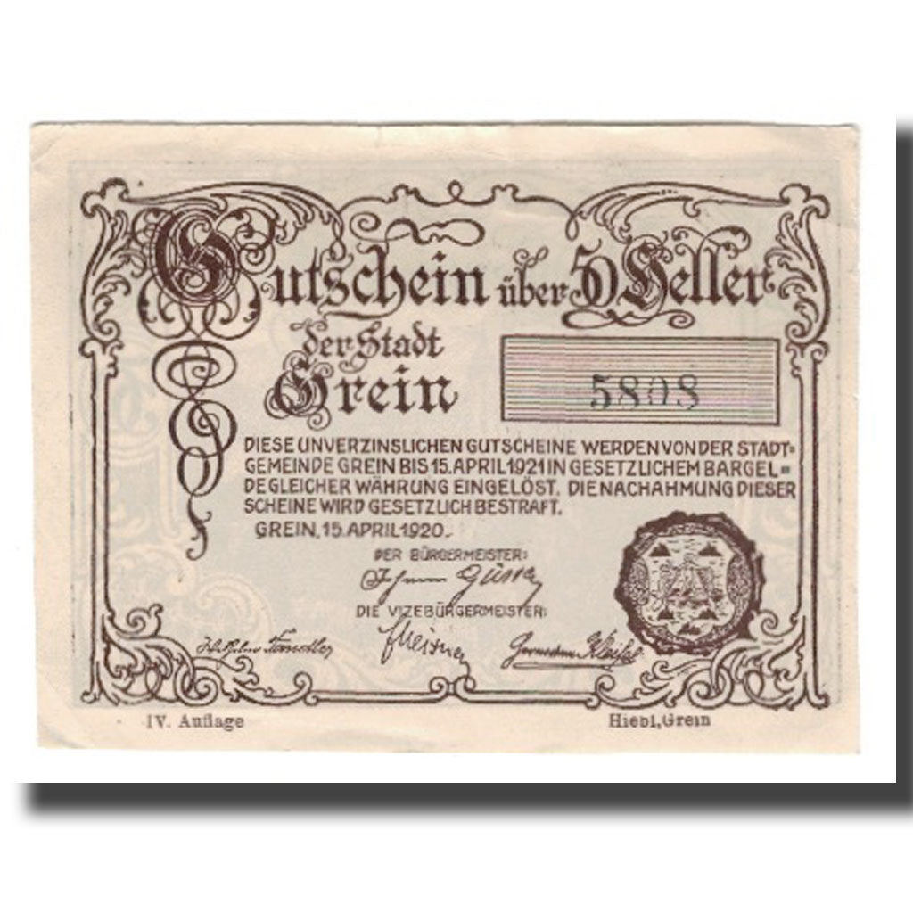 Billete, Austria, Grein, 50 Heller, Texte, 1920, 1920-12-31, EBC, Mehl:FS 276Ib