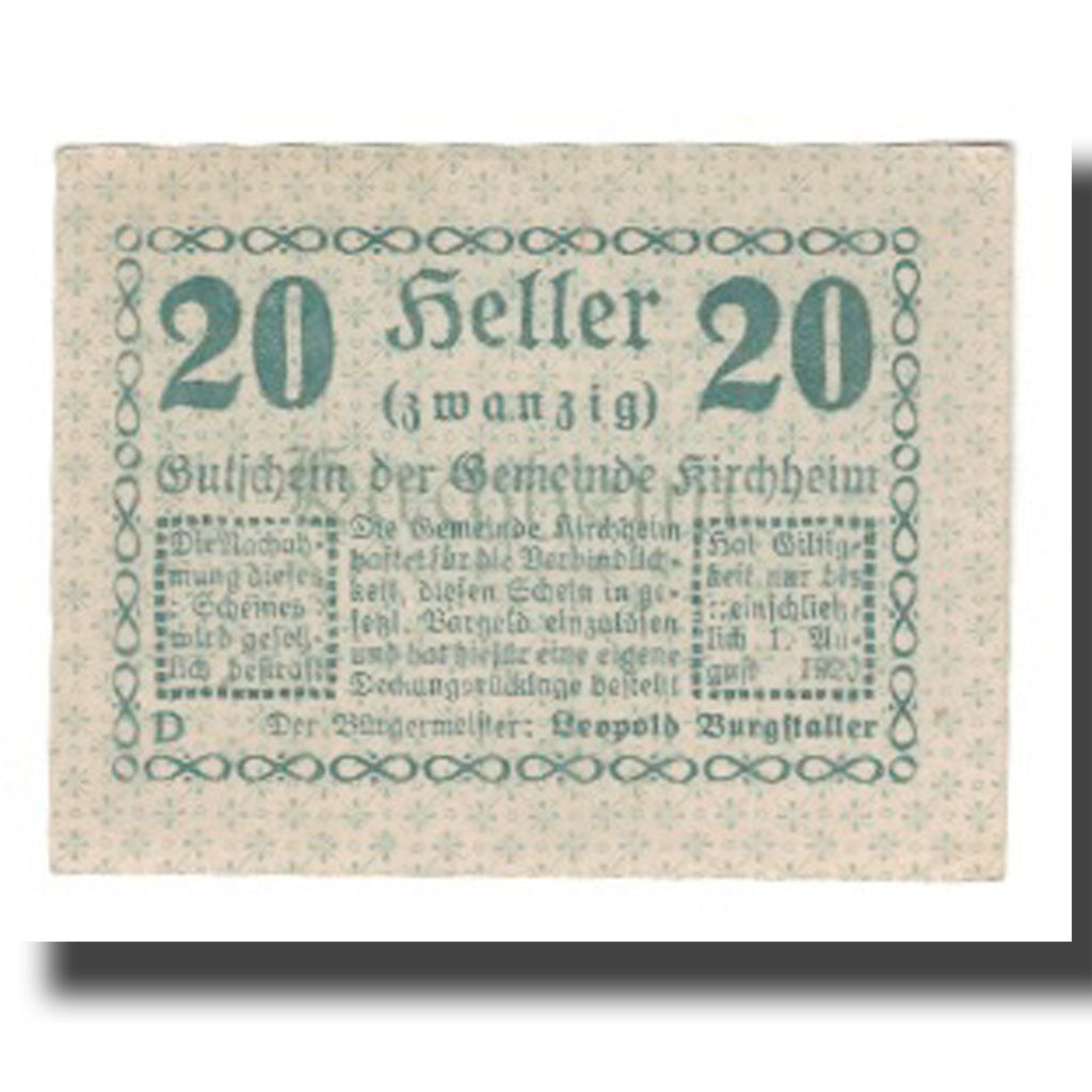 Nota, Áustria, Kirchheim, 20 Heller, Texte, 1920, 1920-08-01, AU(55-58)