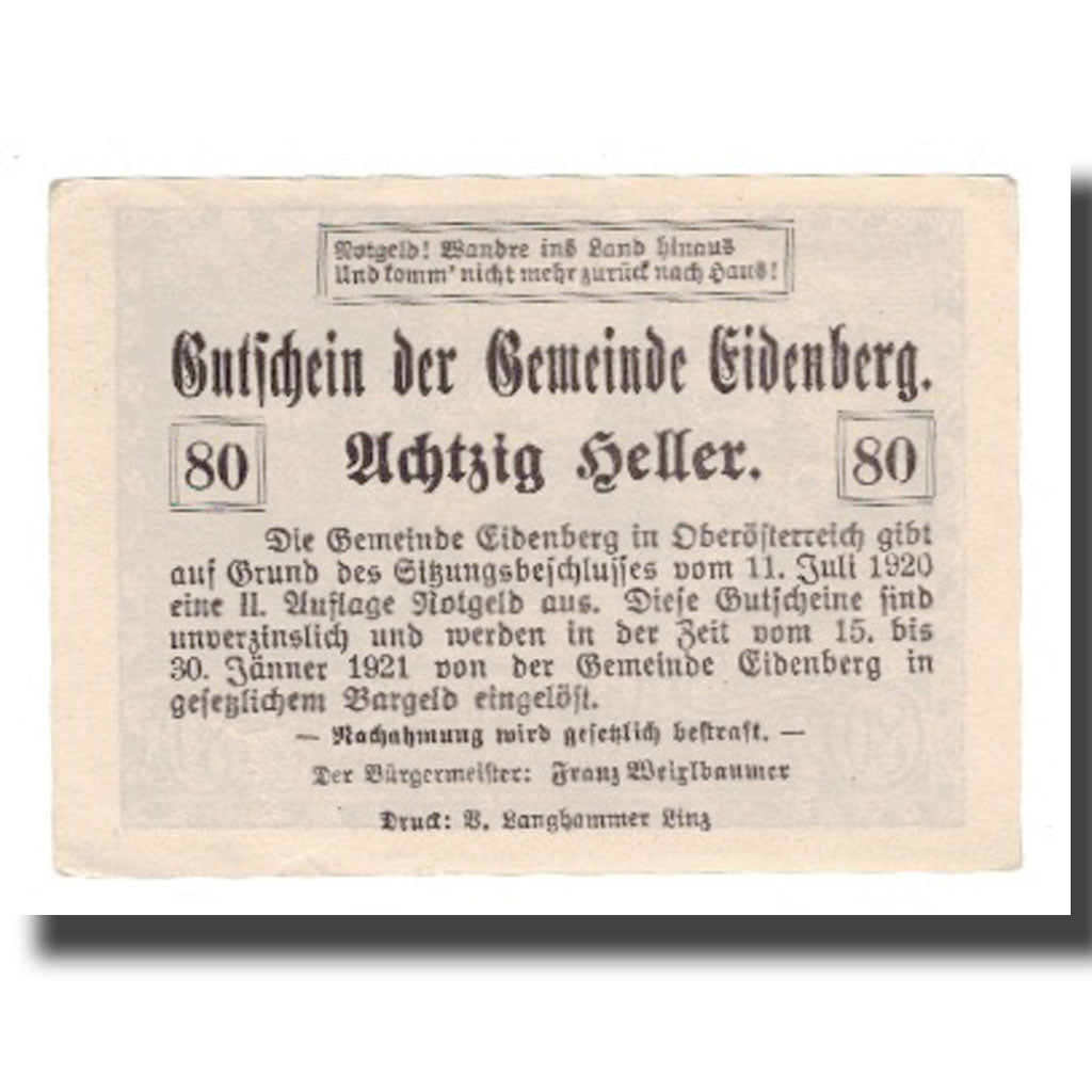 Biljet, Oostenrijk, Eidenberg, 80 Heller, Texte, 1921, 1921-01-30, SUP, Mehl:FS