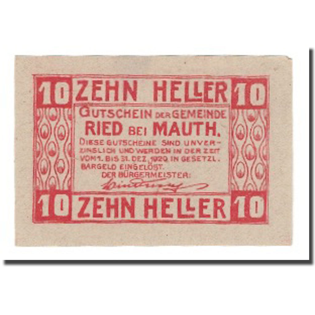 Billet, Autriche, Ried bei Mauthausen O.Ö. Gemeinde, 10 Heller, village, 1920