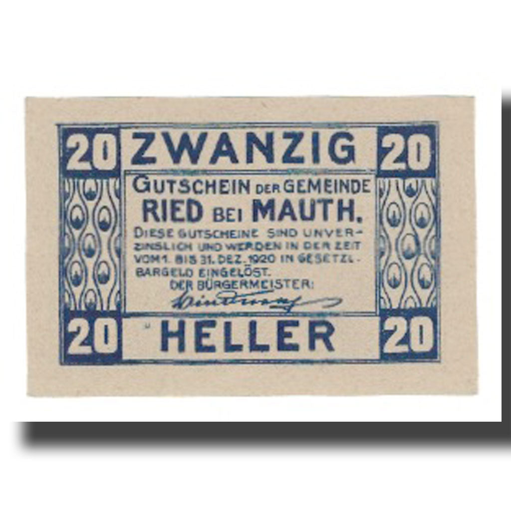 Nota, Áustria, Ried bei Mauthausen O.Ö. Gemeinde, 20 Heller, village 1, 1920