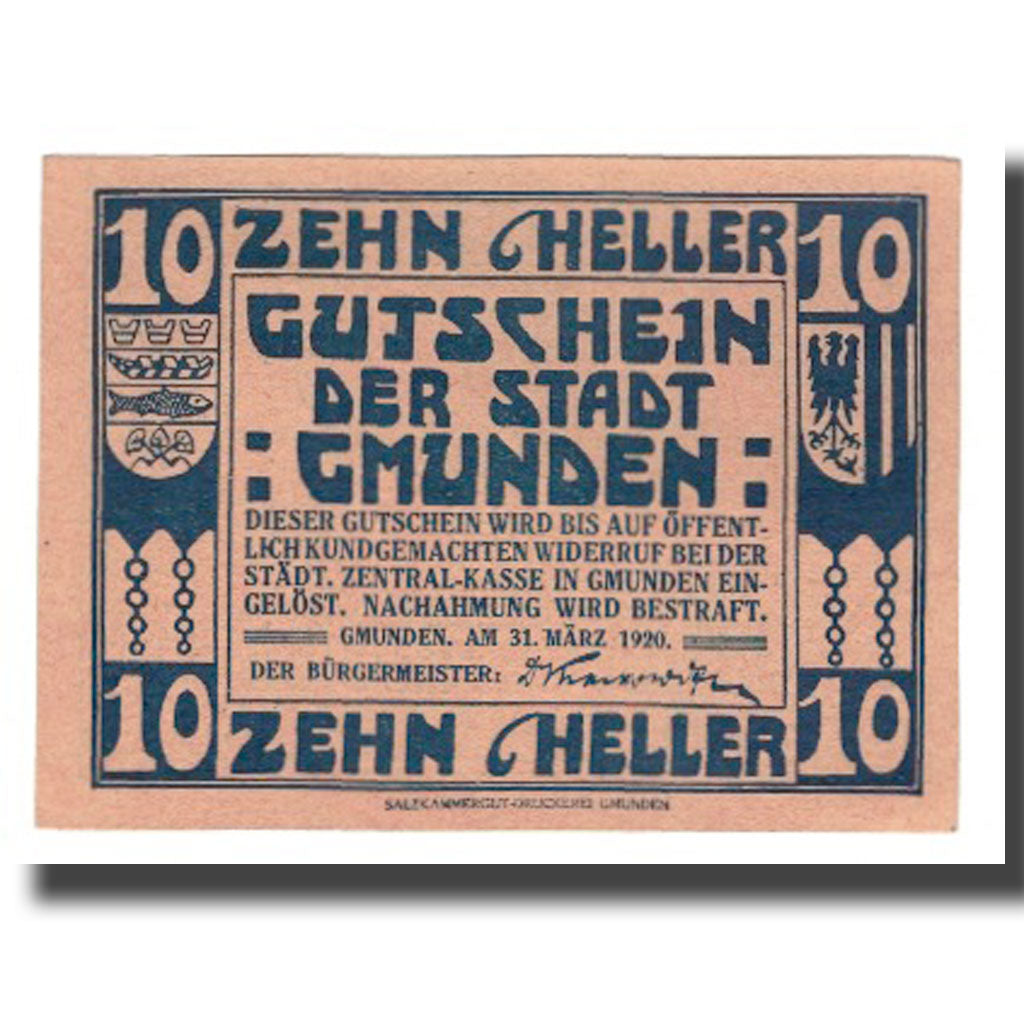 Billete, Austria, Gmunden, 10 Heller, bateau, 1920, 1920-03-31, UNC, Mehl:FS
