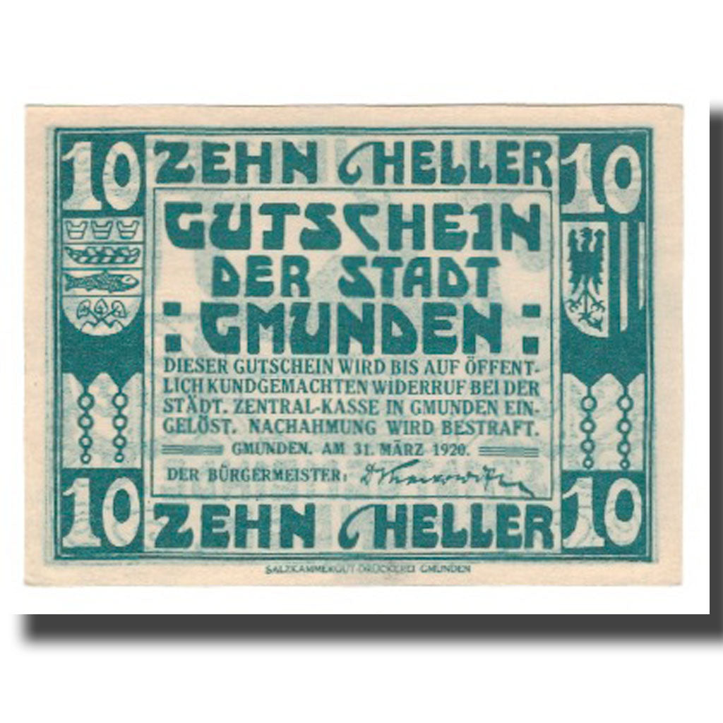 Nota, Áustria, Gmunden, 10 Heller, bateau 1, 1920, 1920-03-31, UNC(65-70)