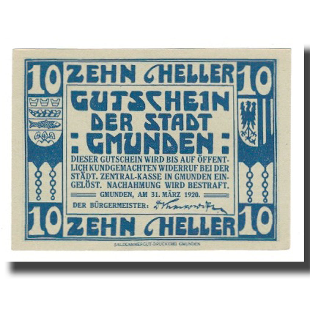 Billete, Austria, Gmunden, 10 Heller, bateau 2, 1920, 1920-03-31, UNC, Mehl:FS