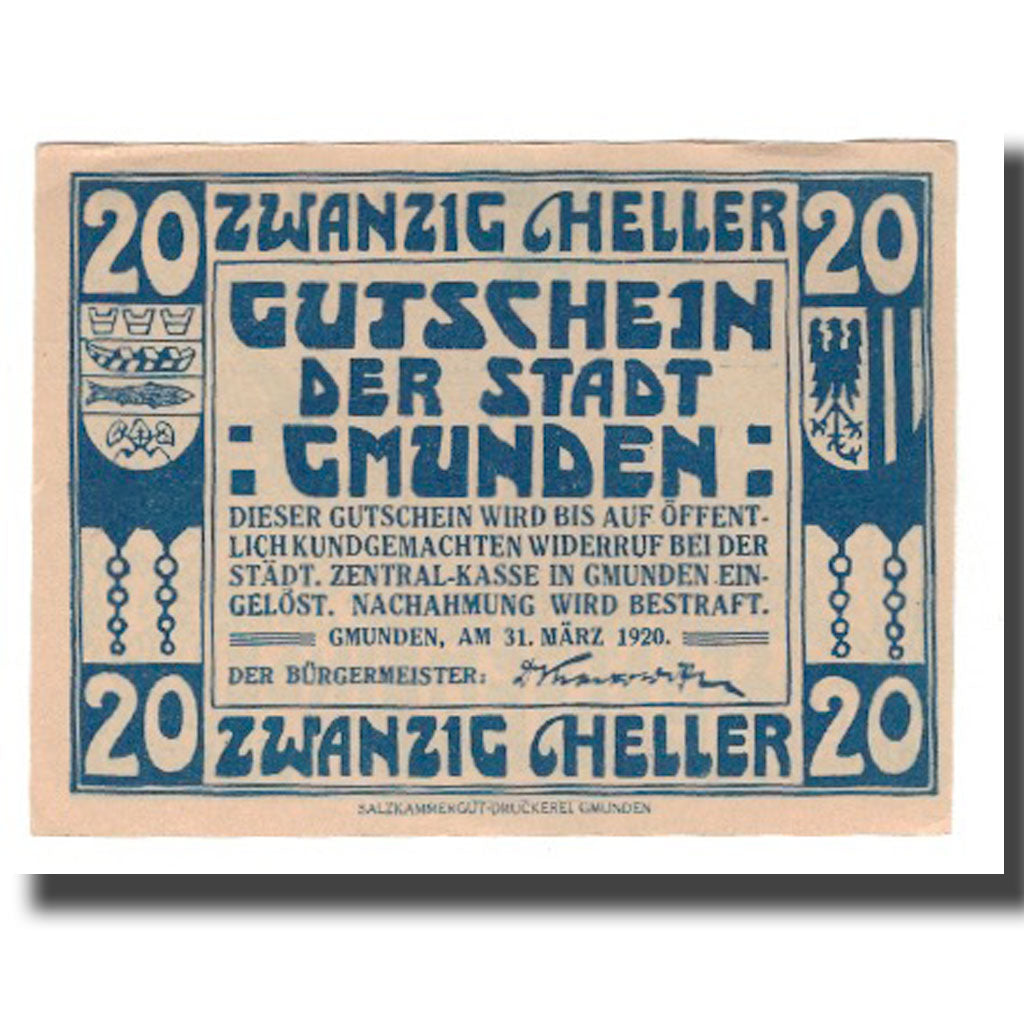 Billete, Austria, Gmunden, 20 Heller, Bateau 4, 1920, 1920-03-31, UNC, Mehl:FS