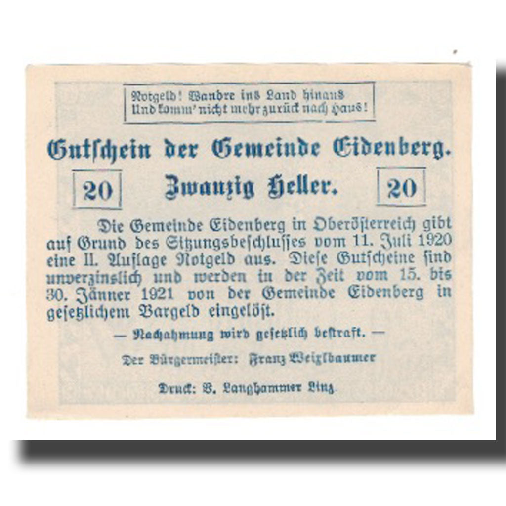 Billete, Austria, Eidenberg, 20 Heller, Texte, 1921, 1921-01-30, UNC, Mehl:FS