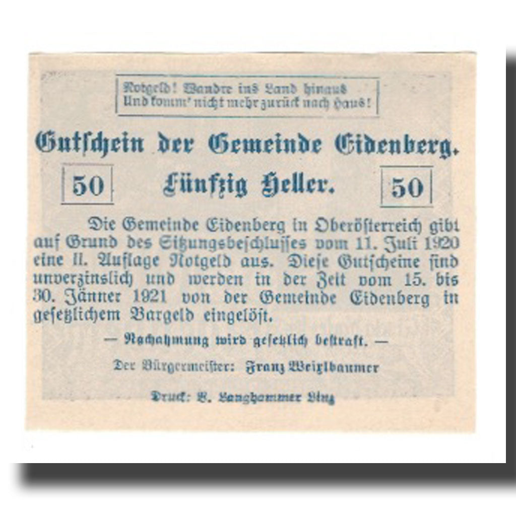 Billet, Autriche, Eidenberg, 50 Heller, texte 1, 1921, 1921-01-30, NEUF, Mehl:FS