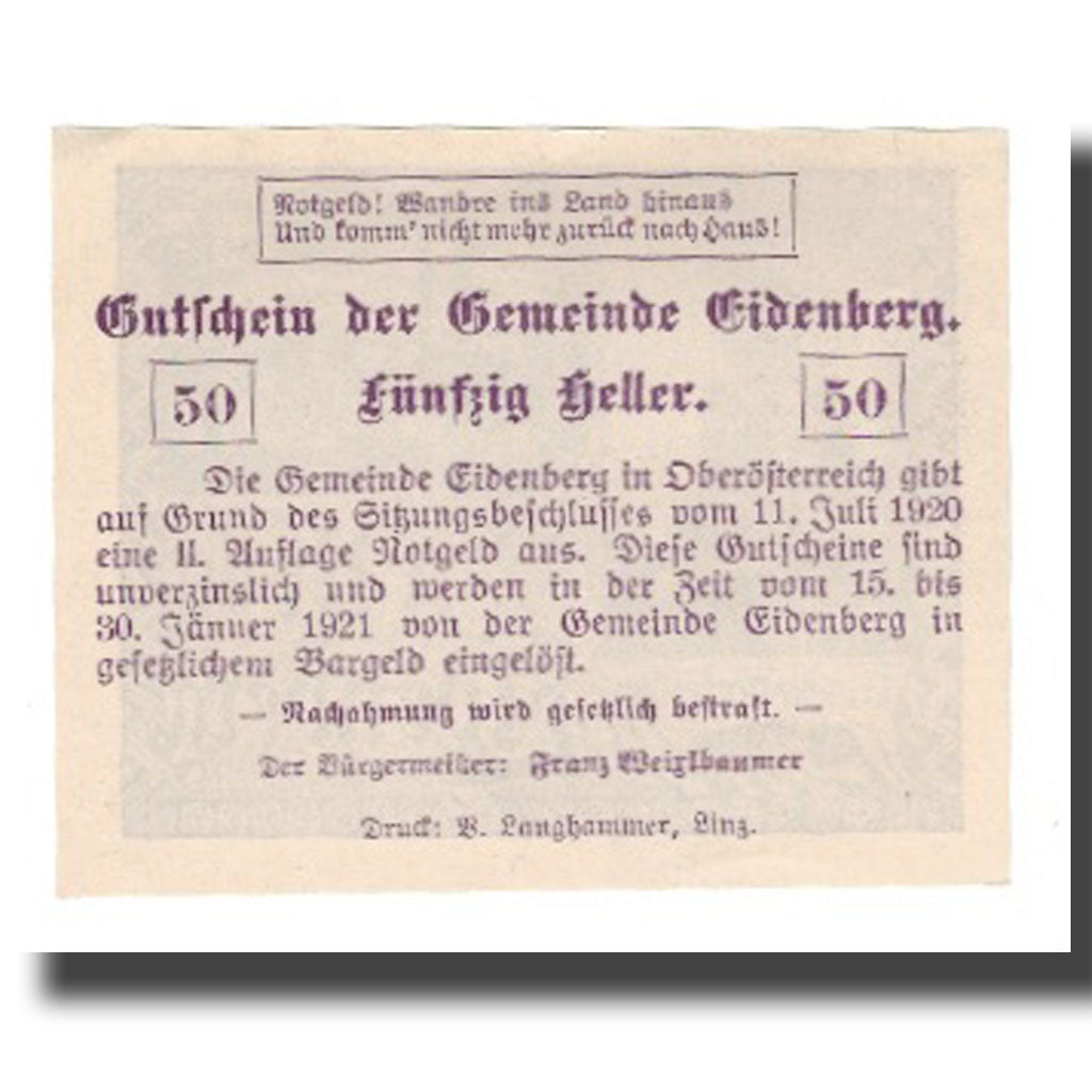 Geldschein, Österreich, Eidenberg, 50 Heller, Texte 2, 1921, 1921-01-30, UNZ