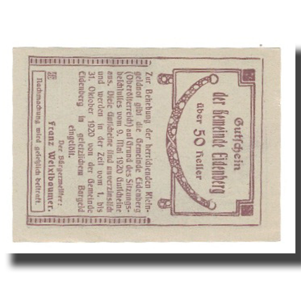 Billete, Austria, Eidenberg, 50 Heller, Texte, 1920, 1920-10-31, UNC, Mehl:FS