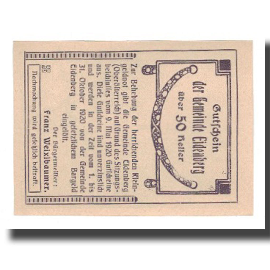 Billete, Austria, Eidenberg, 50 Heller, Texte 2, 1920, 1920-10-31, UNC, Mehl:FS