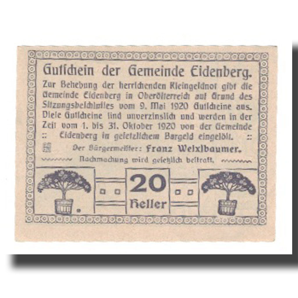Geldschein, Österreich, Eidenberg, 20 Heller, Texte 3, 1920, 1920-10-31, UNZ