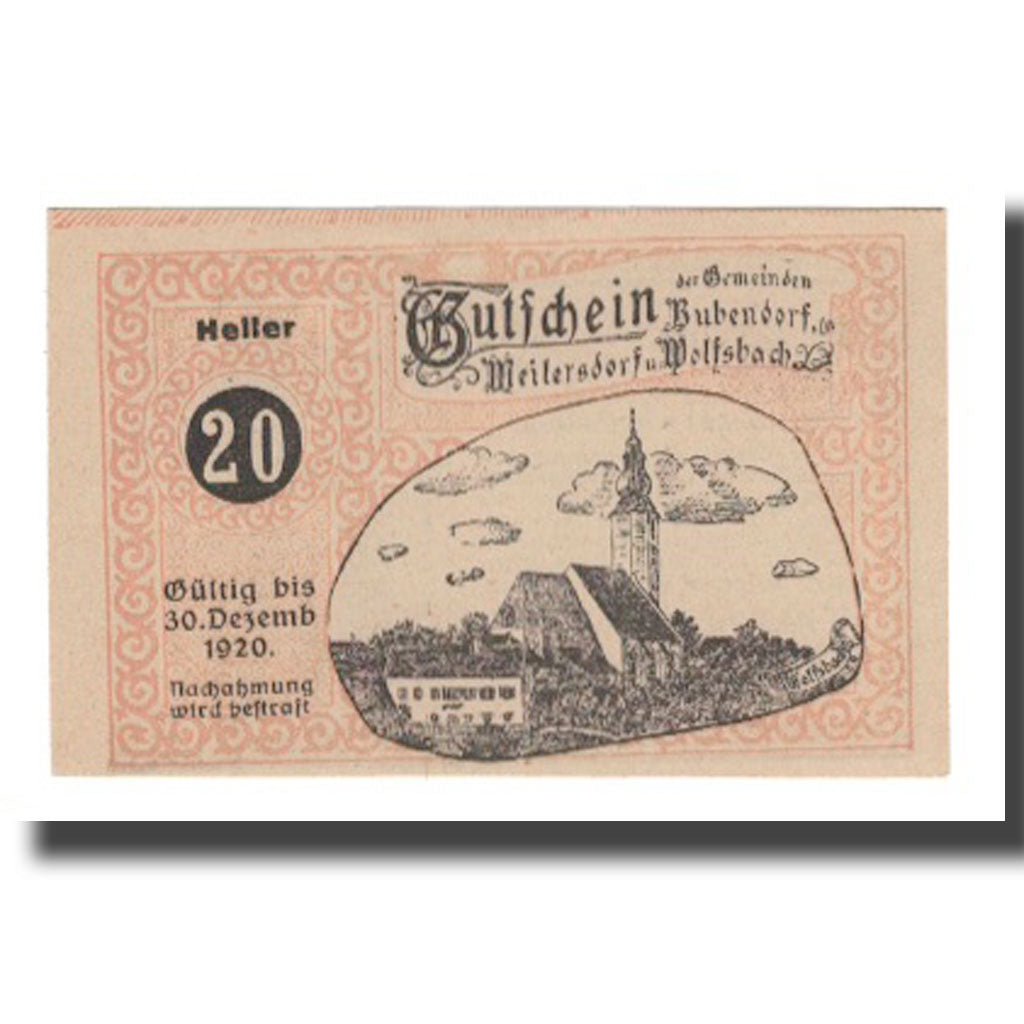 Billete, Austria, Bubendorf Meilersdorf Wolfsbach N.Ö. Gemeinden, 20 Heller