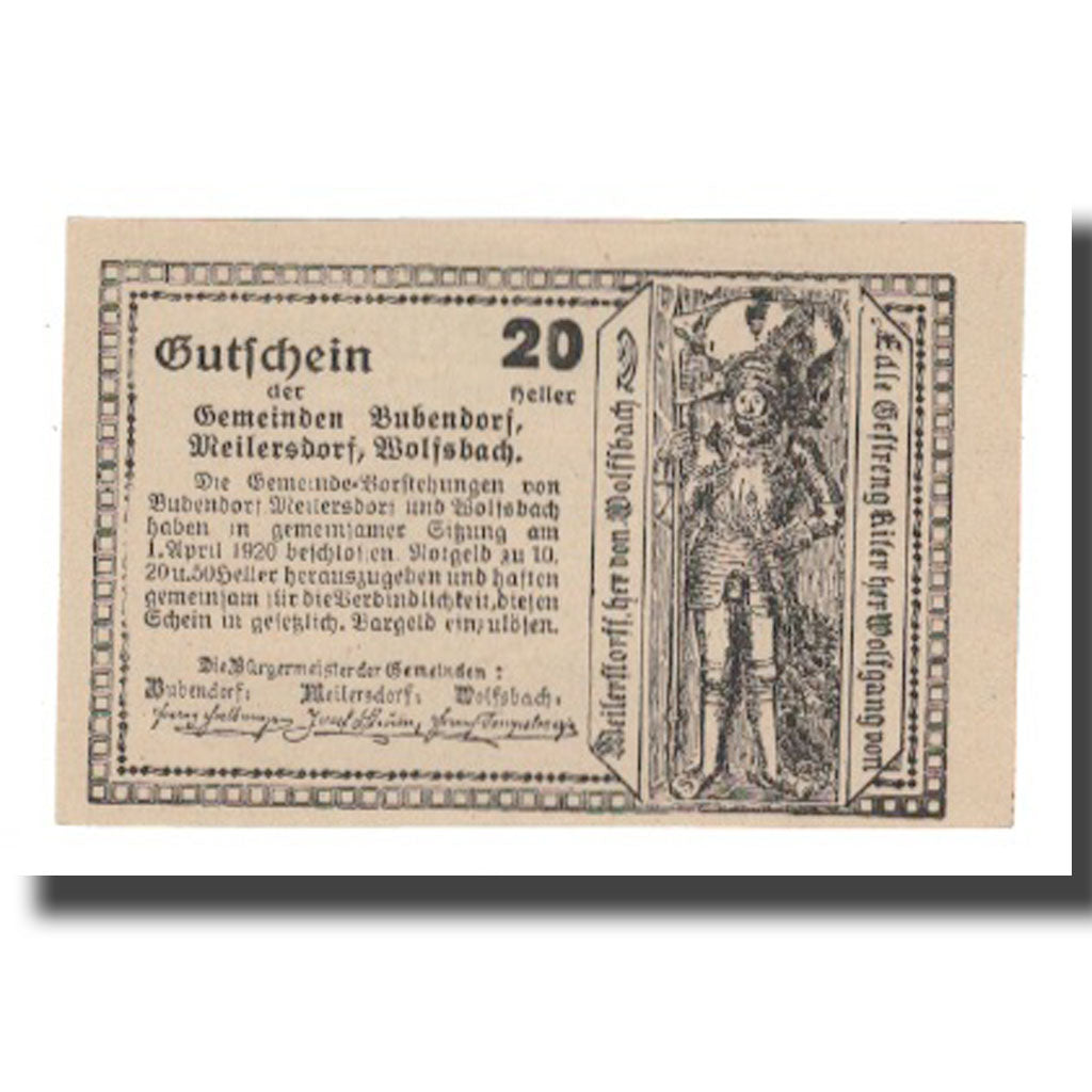 Billete, Austria, Bubendorf Meilersdorf Wolfsbach N.Ö. Gemeinden, 20 Heller