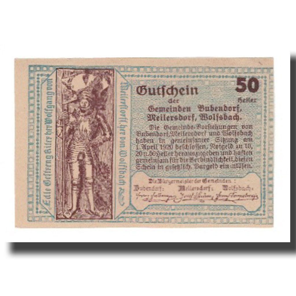 Billete, Austria, Bubendorf Meilersdorf Wolfsbach N.Ö. Gemeinden, 50 Heller