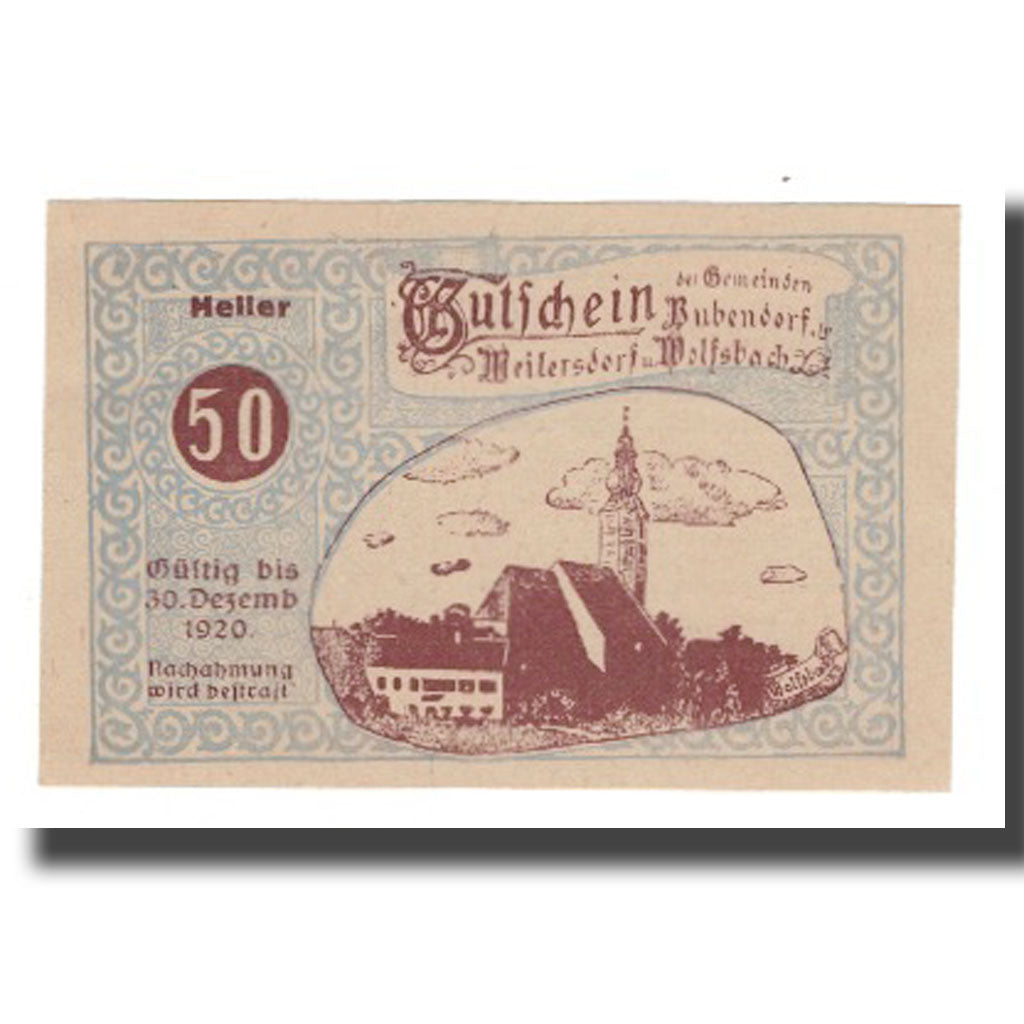 Billete, Austria, Bubendorf Meilersdorf Wolfsbach N.Ö. Gemeinden, 50 Heller