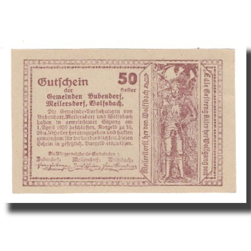 Billete, Austria, Bubendorf Meilersdorf Wolfsbach N.Ö. Gemeinden, 50 Heller