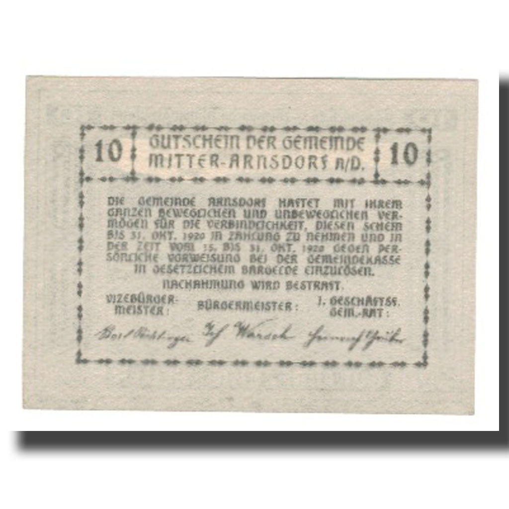 Billete, Austria, Mitter-Arnsdorf, 10 Heller, Texte, 1920, 1920-10-31, UNC