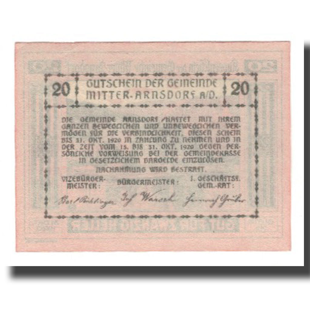 Billete, Austria, Mitter-Arnsdorf, 20 Heller, texte 1, 1920, 1920-10-31, UNC
