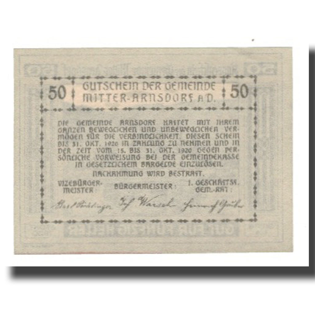 Billete, Austria, Mitter-Arnsdorf, 50 Heller, Texte 2, 1920, 1920-10-31, UNC