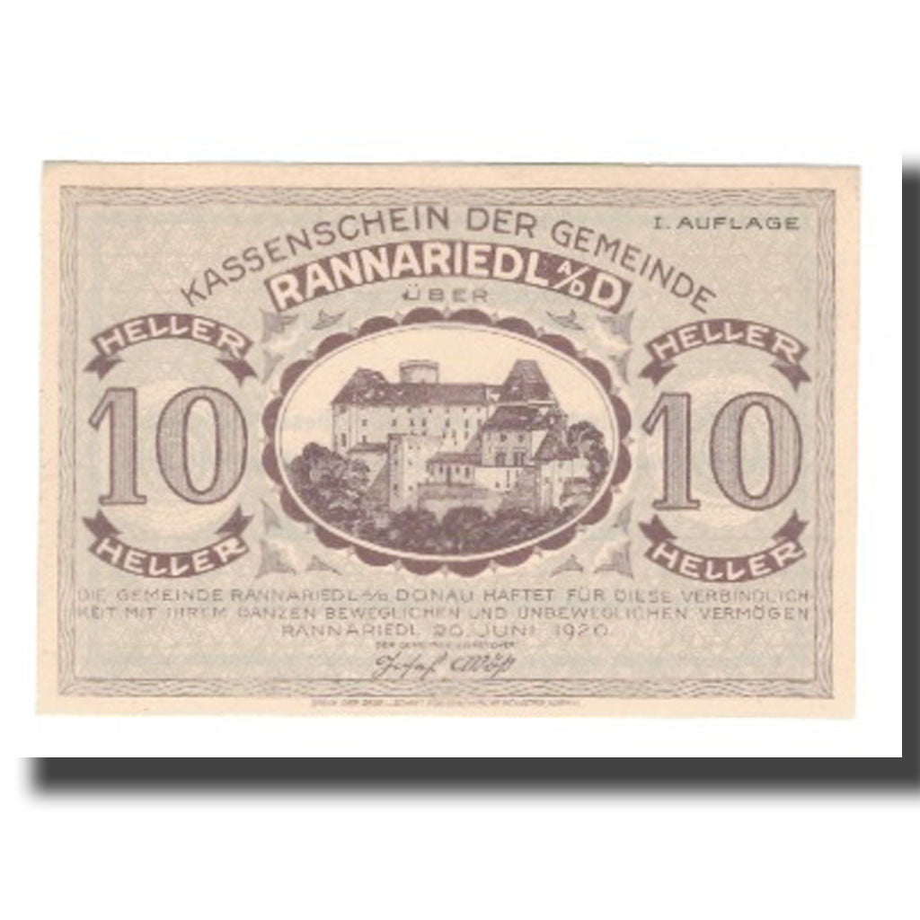 Nota, Áustria, Rannariedl a.d. Donau O.Ö. Gemeinde, 10 Heller, Texte, 1920