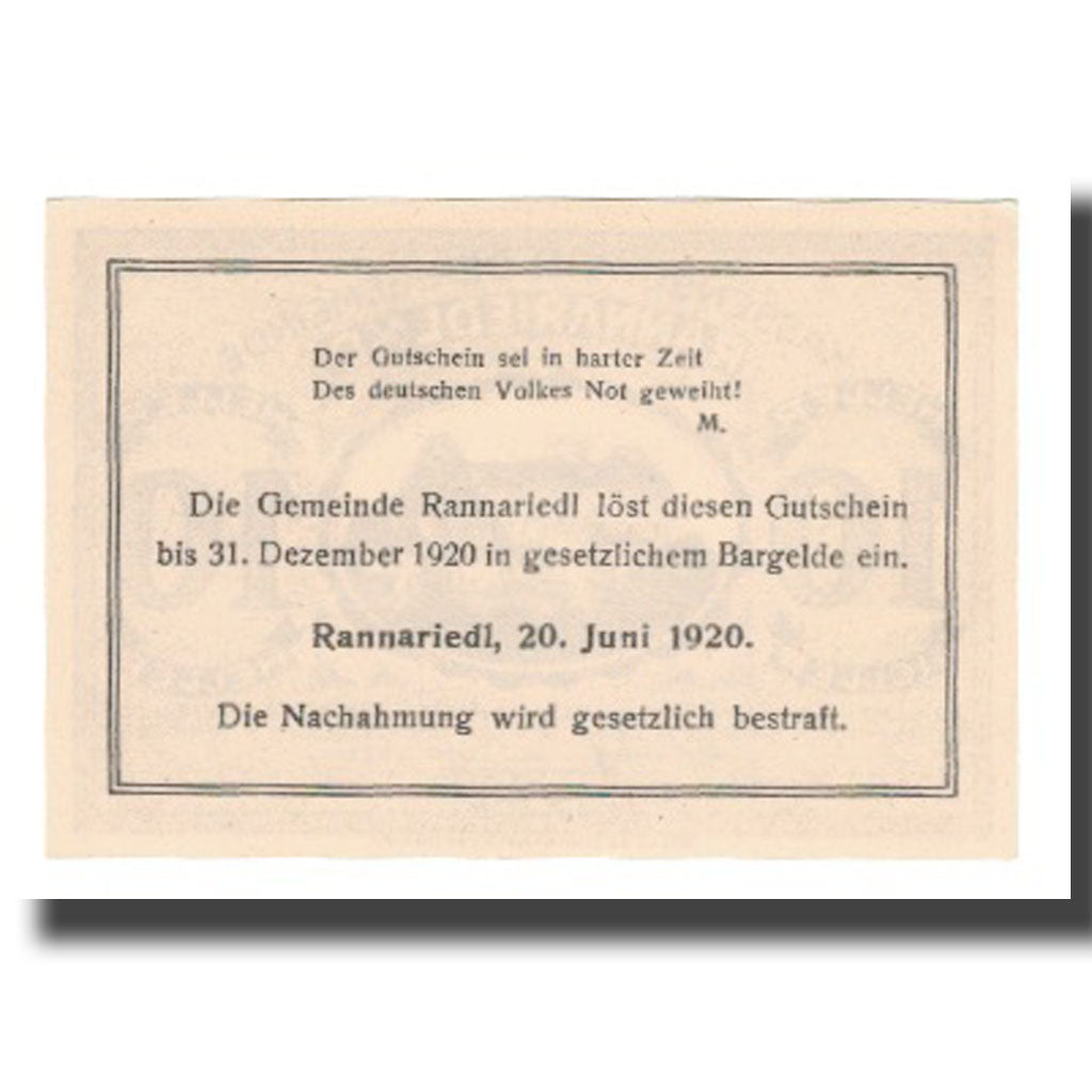 Nota, Áustria, Rannariedl a.d. Donau O.Ö. Gemeinde, 10 Heller, Texte, 1920