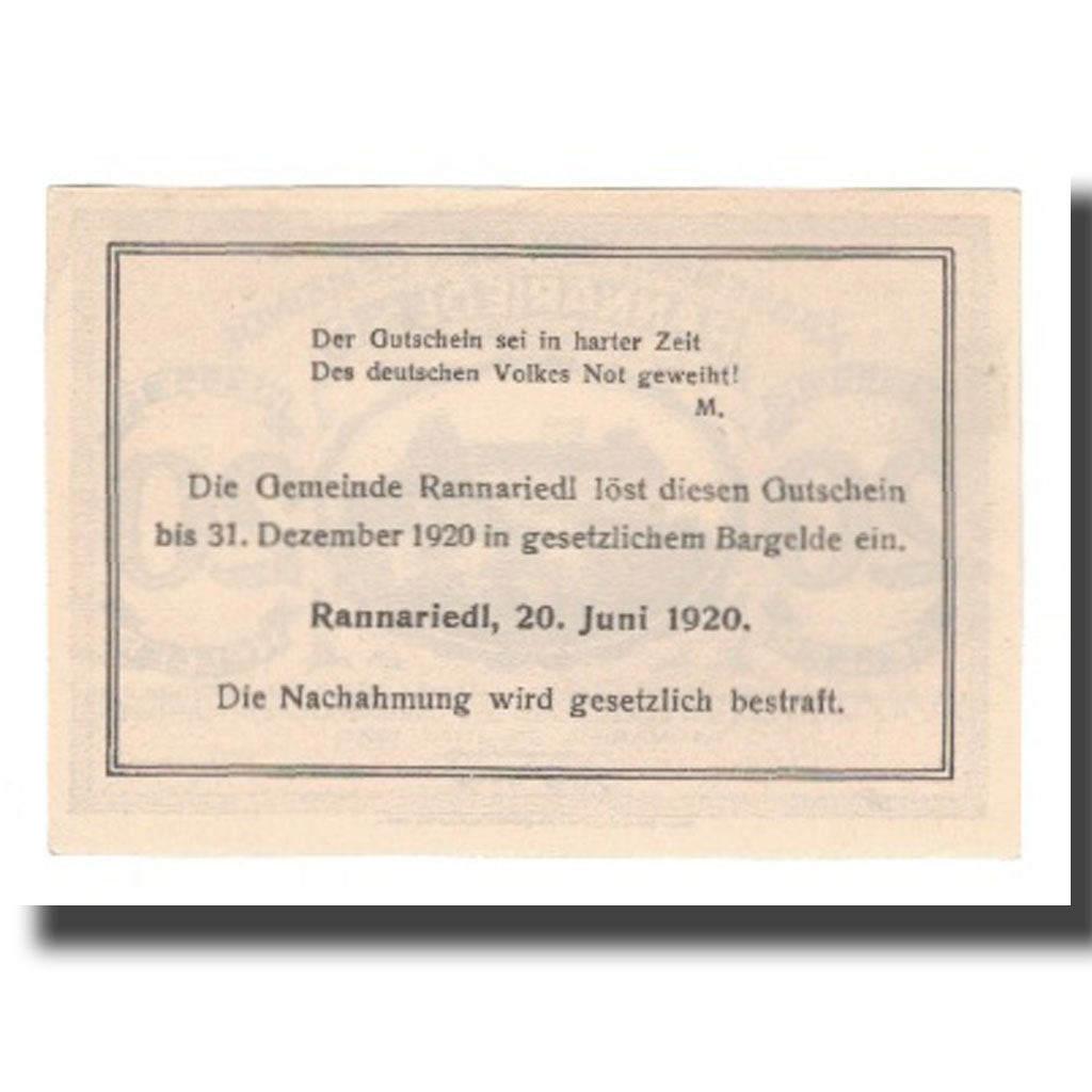 Nota, Áustria, Rannariedl a.d. Donau O.Ö. Gemeinde, 20 Heller, texte 1, 1920