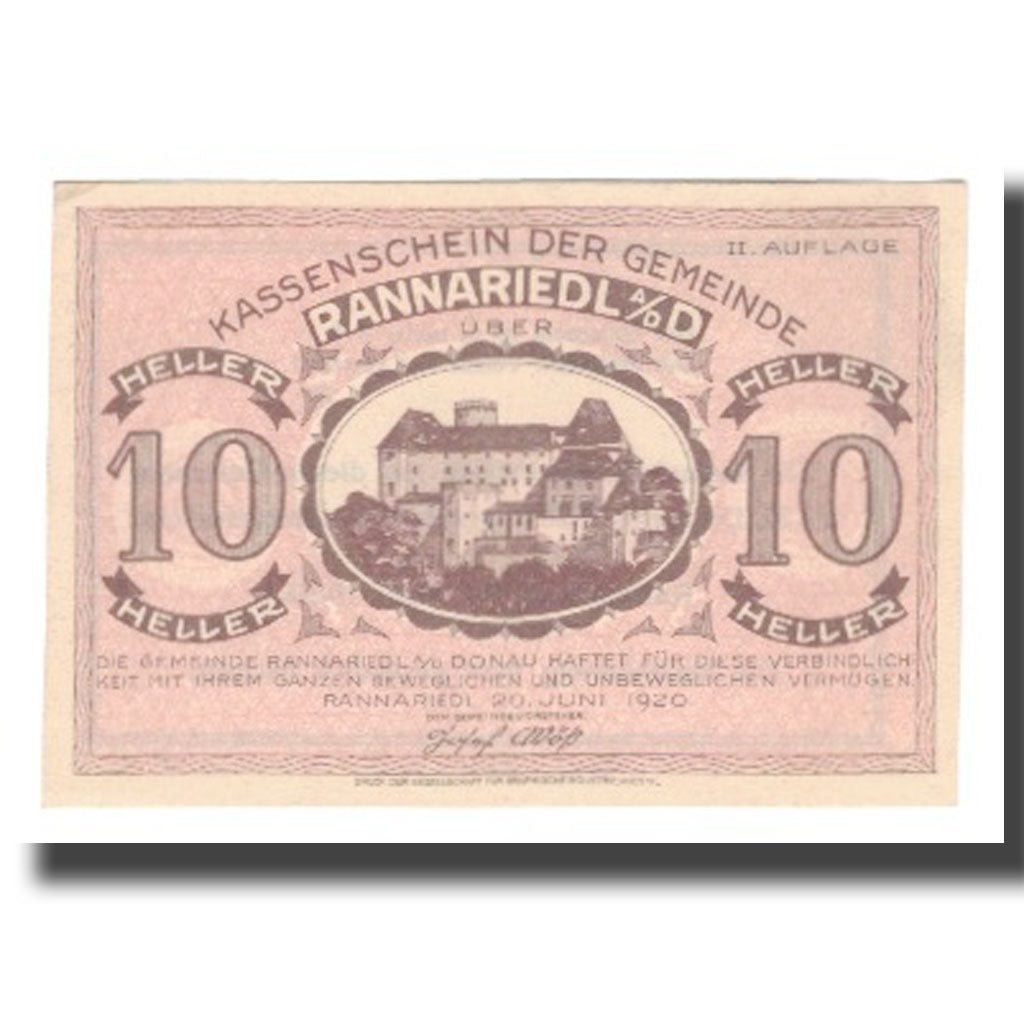 Billete, Austria, Rannariedl a.d. Donau O.Ö. Gemeinde, 10 Heller, Texte, 1920