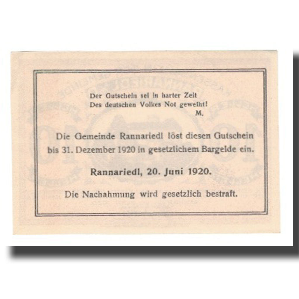 Billete, Austria, Rannariedl a.d. Donau O.Ö. Gemeinde, 10 Heller, Texte, 1920