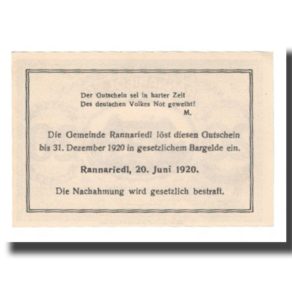 Billete, Austria, Rannariedl a.d. Donau O.Ö. Gemeinde, 20 Heller, texte 1