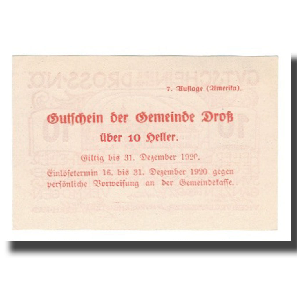 Geldschein, Österreich, Dross N.Ö. Gemeinde, 10 Heller, Texte, 1920