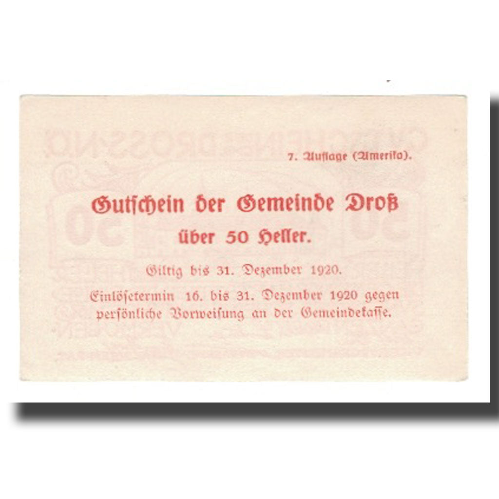Billet, Autriche, Dross N.Ö. Gemeinde, 50 Heller, Texte 2, 1920, 1920-12-31