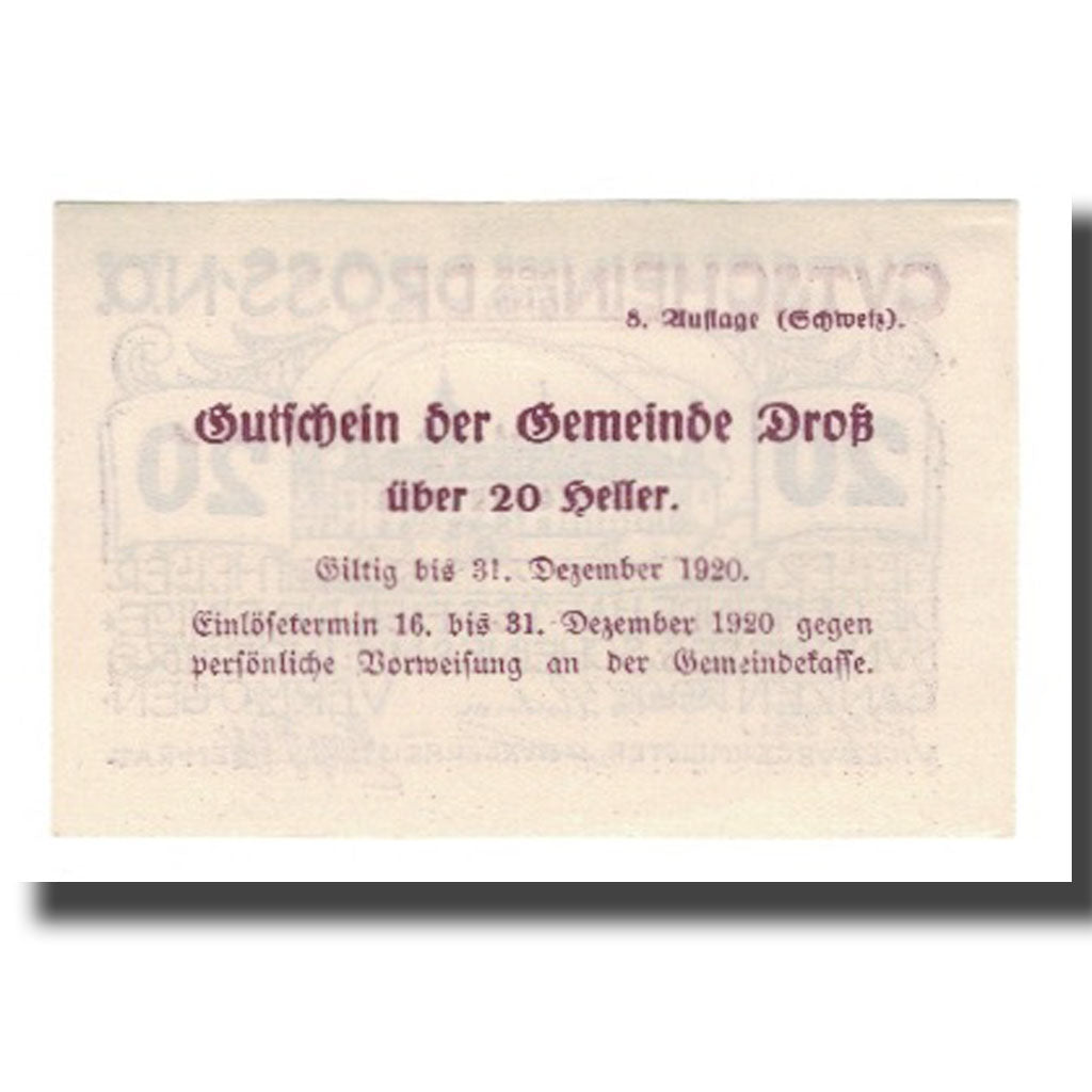 Billet, Autriche, Dross N.Ö. Gemeinde, 20 Heller, Texte 4, 1920, 1920-12-31