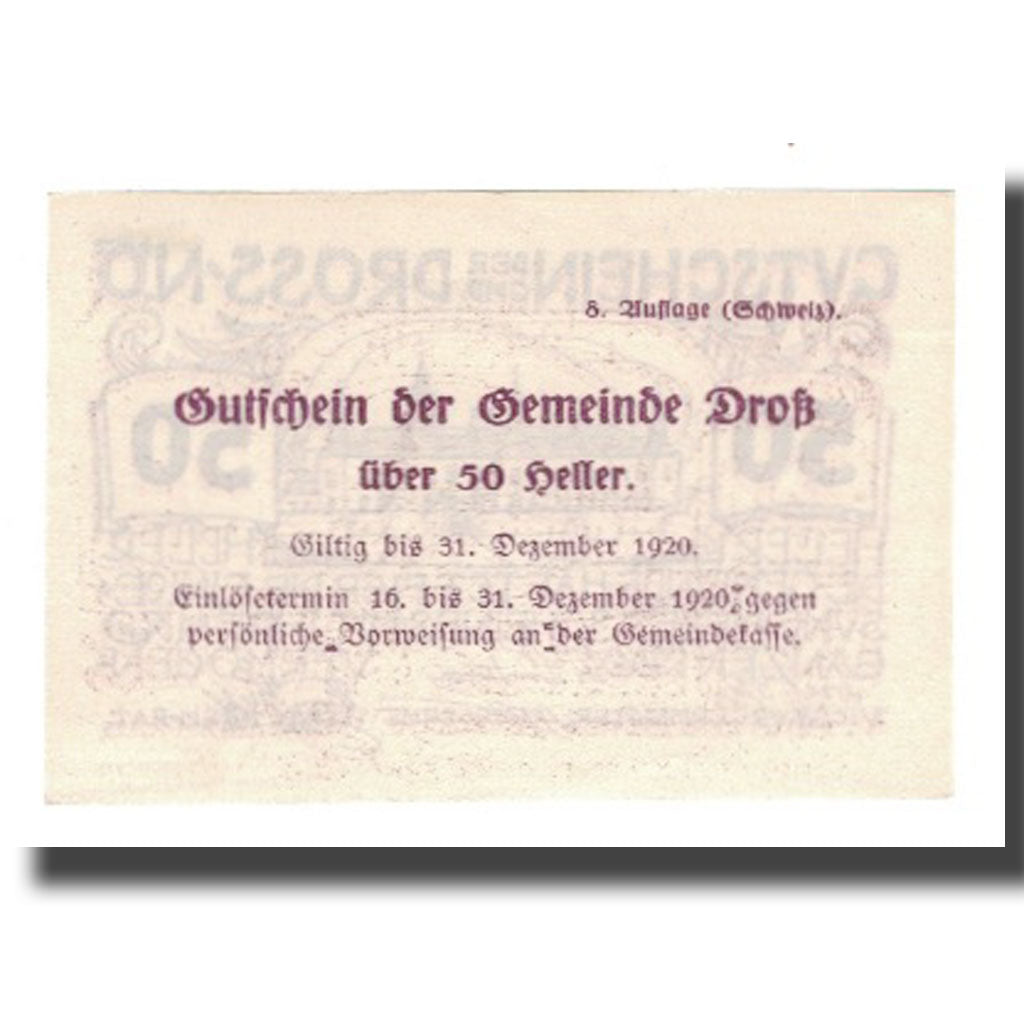Banknote, Austria, Dross N.Ö. Gemeinde, 50 Heller, Texte  5, 1920, 1920-12-31