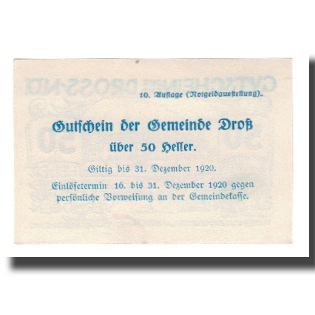 Billet, Autriche, Dross N.Ö. Gemeinde, 50 Heller, Texte 2, 1920, 1920-12-31