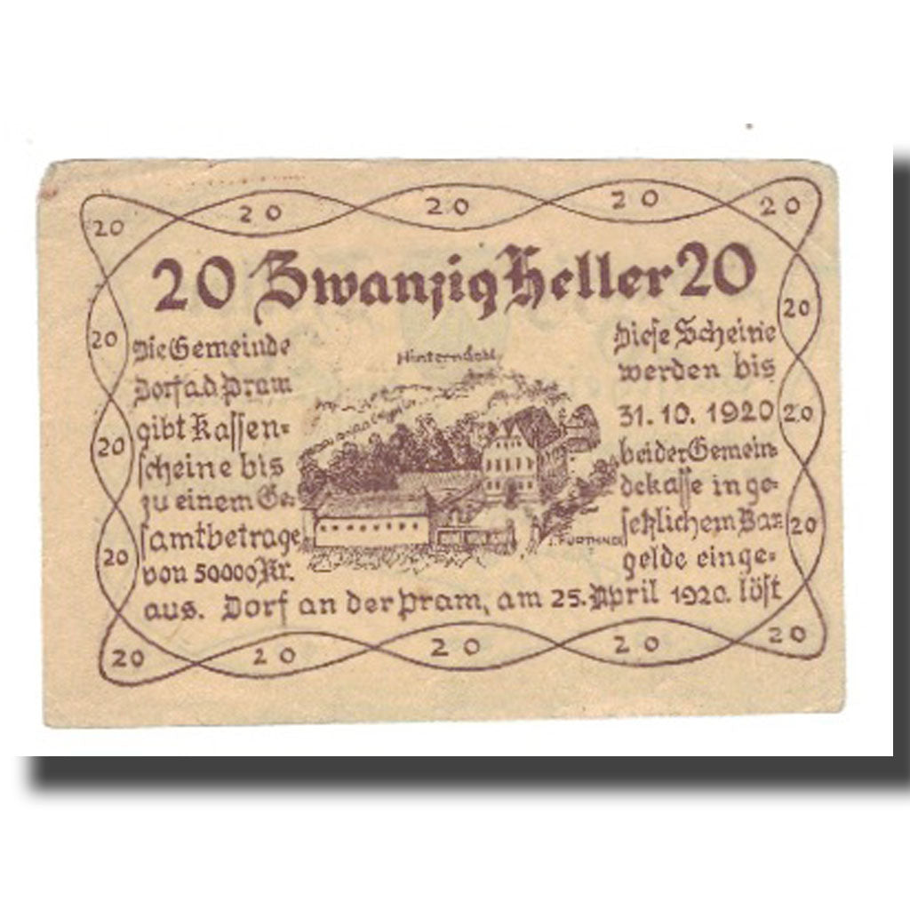 Banknote, Austria, Dorf an der Pram, 20 Heller, Texte, 1920, 1920-10-31