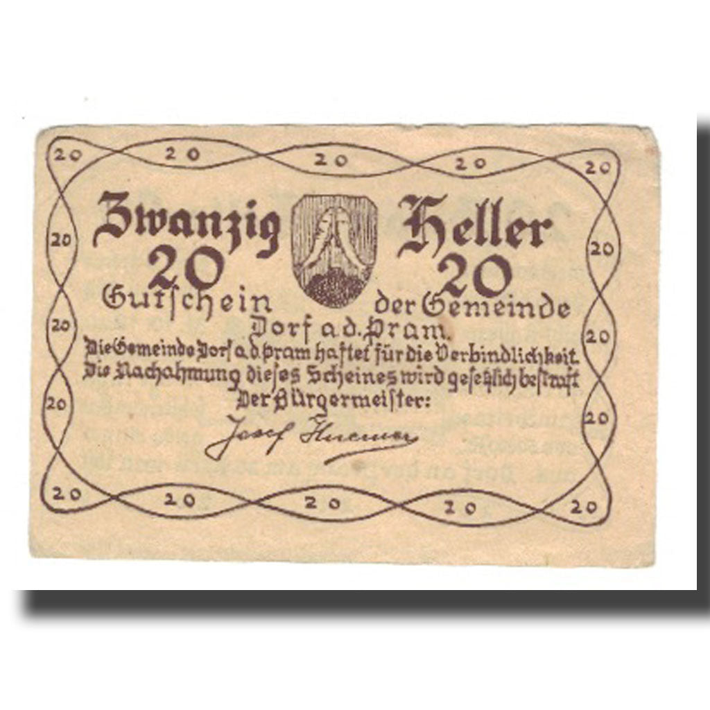 Banknote, Austria, Dorf an der Pram, 20 Heller, Texte, 1920, 1920-10-31