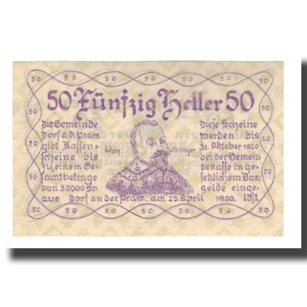Banknot, Austria, Dorf an der Pram, 50 Heller, texte 1, 1920, 1920-10-31