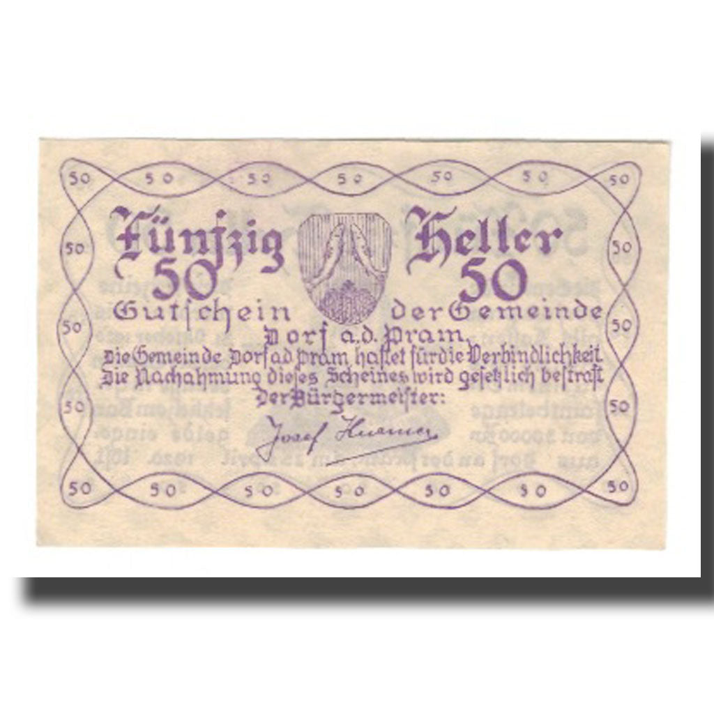 Banknot, Austria, Dorf an der Pram, 50 Heller, texte 1, 1920, 1920-10-31