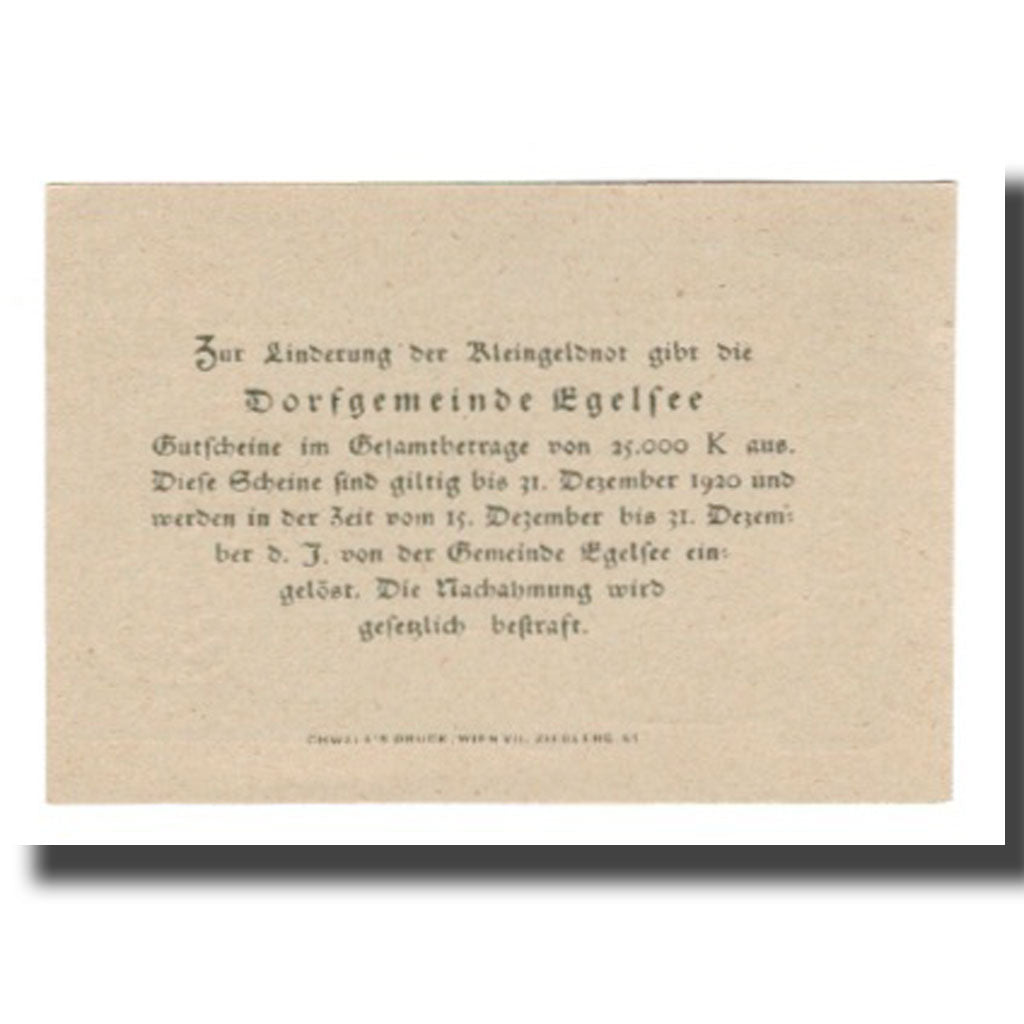 Nota, Áustria, Egelsee, 10 Heller, texte 1, 1920, 1920-12-31, UNC(65-70)