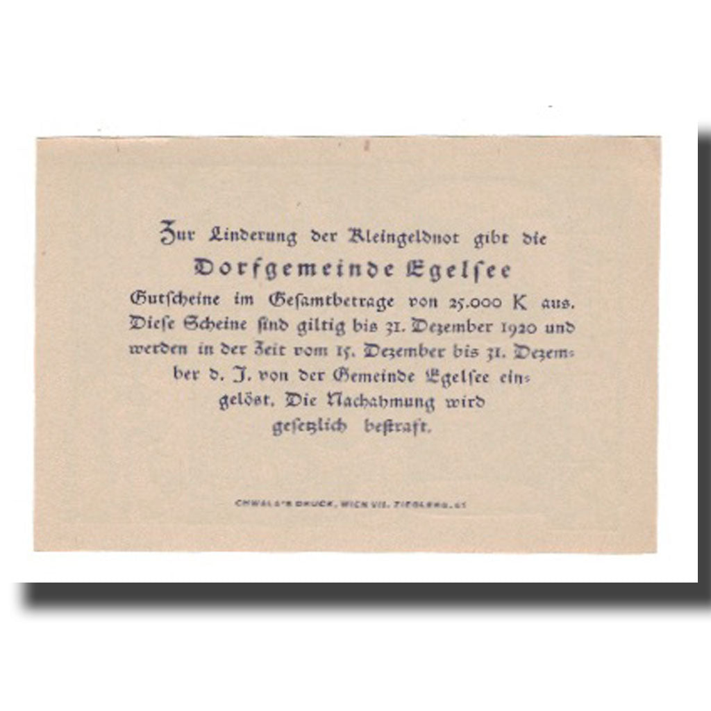 Billet, Autriche, Egelsee, 20 Heller, Texte 3, 1920, 1920-12-31, NEUF, Mehl:FS