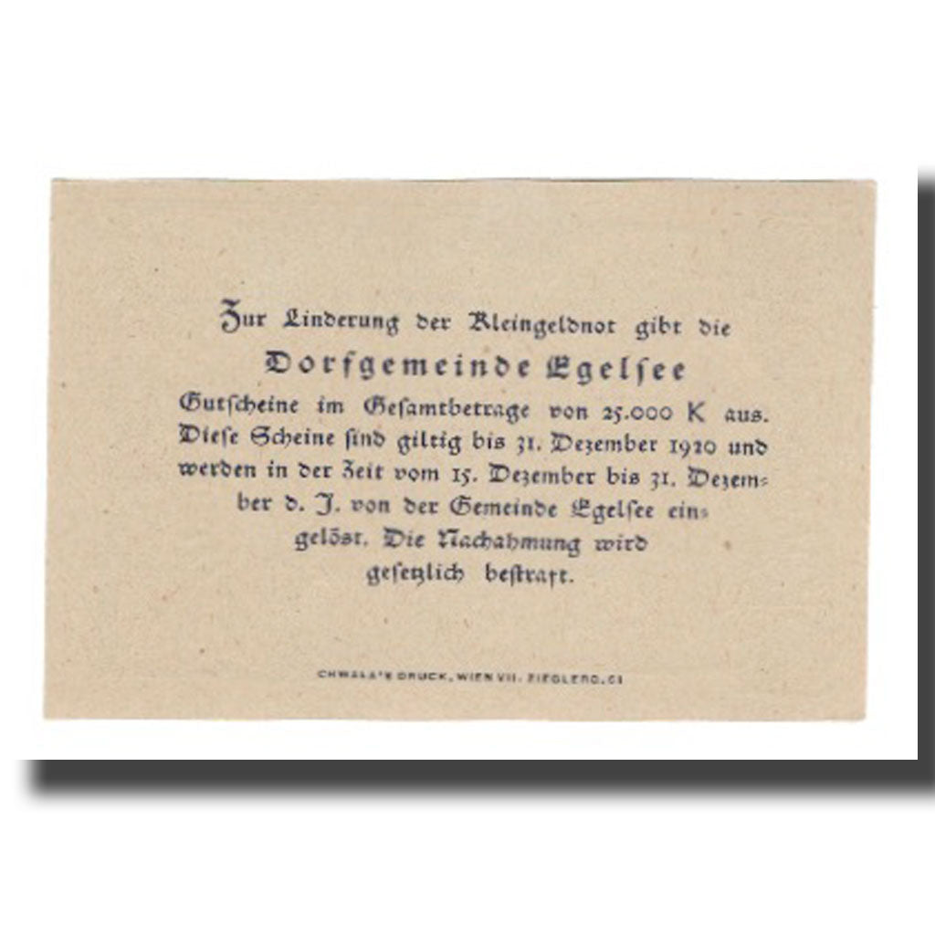 Billet, Autriche, Egelsee, 20 Heller, Texte 4, 1920, 1920-12-31, NEUF, Mehl:FS
